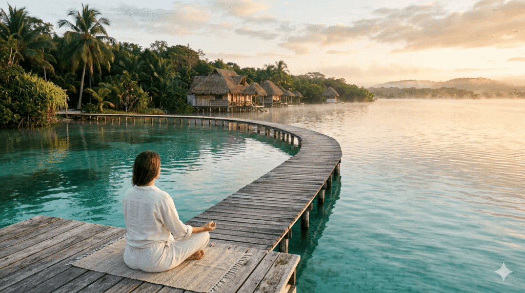 Palafitos de madera sobre la laguna turquesa de Bacalar al amanecer durante un retiro en Akalki