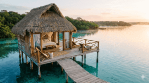 Palafitos de madera del hospedaje laguna de Bacalar en Akalki al amanecer