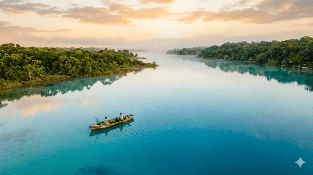 Laguna de Bacalar al amanecer vista desde Akalki hotel Bacalar