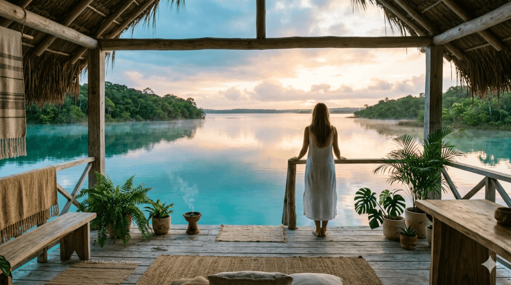 Centro de sanación frente a la Laguna de Bacalar al amanecer