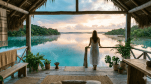 Centro de sanación frente a la Laguna de Bacalar al amanecer